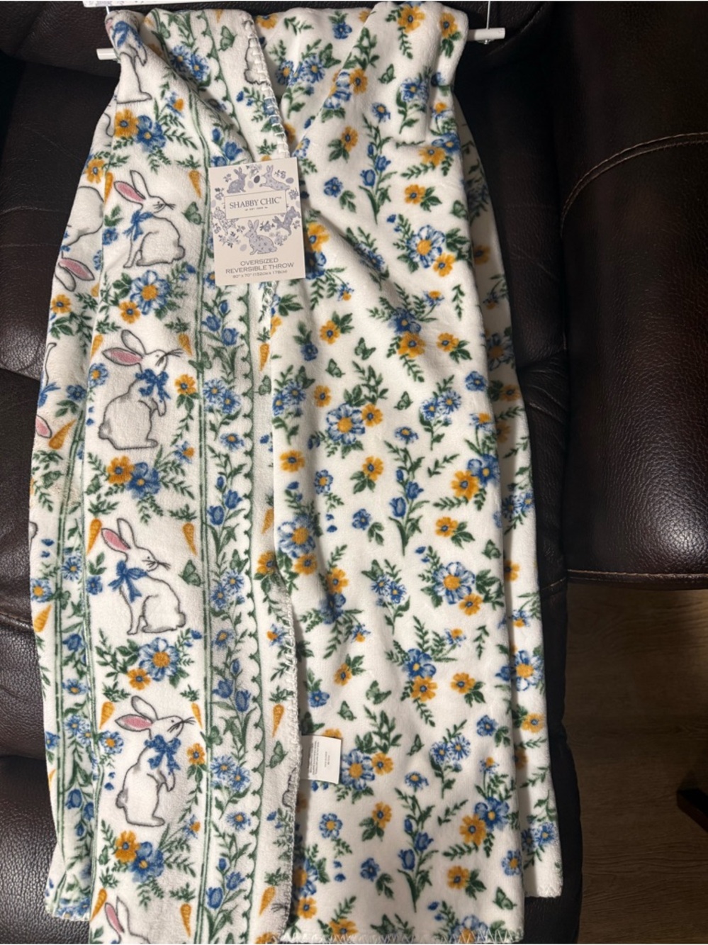 Shabby Chic Floral Bunny Throw Blanket White with Blue&Yellow Flowers oversized